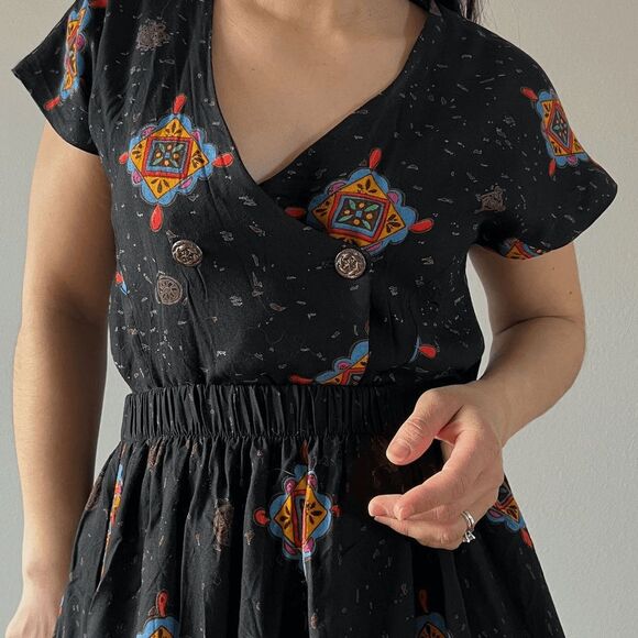 vtg 90s floral print skirt suit set multicolor‎ black vacation outfit boho small - Picture 2 of 9